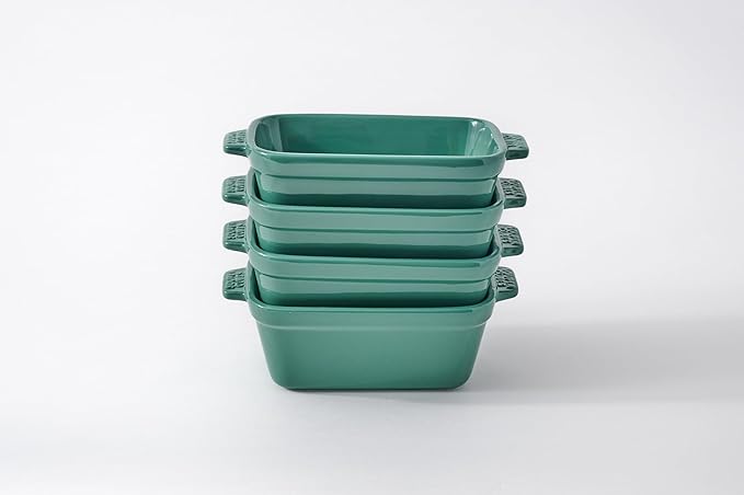 Souper Cubes Stoneware - Small Ceramic 5" x 3" Baking Dish with Silicone Covers, Small Baking Dishes for Oven Perfect for Reheating Single Serve Portions, Set of 4 - Kale