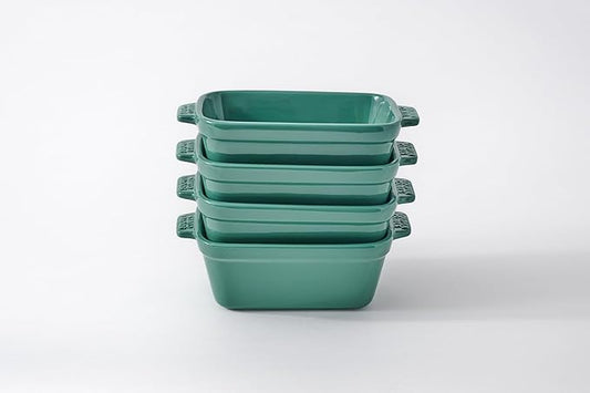 Souper Cubes Stoneware - Small Ceramic 5" x 3" Baking Dish with Silicone Covers, Small Baking Dishes for Oven Perfect for Reheating Single Serve Portions, Set of 4 - Kale