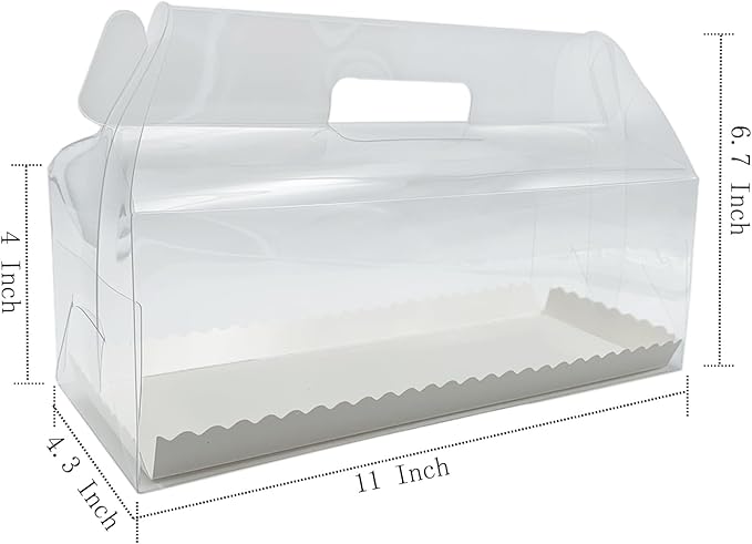 20 Pcs 11 Inch Clear Roll Cake Gable Boxes with Handle & Cake Boards, Transparent Plastic Gift Boxes，Easy Carrying Pastry Containers for Bakery Christmas Wedding, Size: 11” x 4.3” x 4”