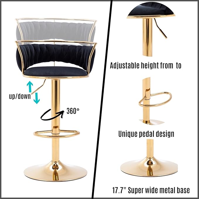 LukeAlon Velvet Adjustable Barstools Set of 4, Modern 360° Swivel Counter Stools with Golden Base Upholstered Open Back Tall Bar Chairs with Footrest for Home Kitchen, Black