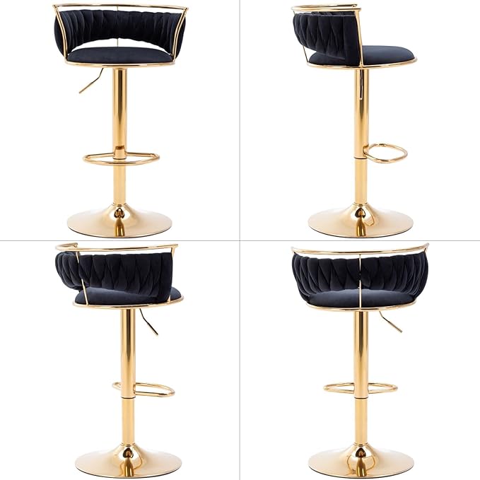 LukeAlon Velvet Adjustable Barstools Set of 2, Modern 360° Swivel Counter Stools with Golden Base Upholstered Open Back Tall Bar Chairs with Footrest for Home Kitchen, Black