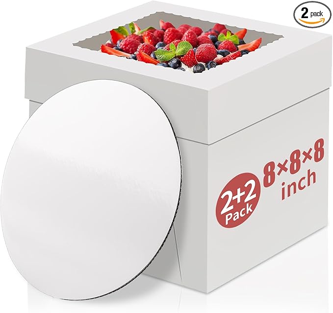 WINKIO Cake Box with Cake Boards, 2 Pack 8 In Disposable Cake Carrier, Cakes Transport Container, White Bakery Holder with Window (2, white, 8x8x8 In)