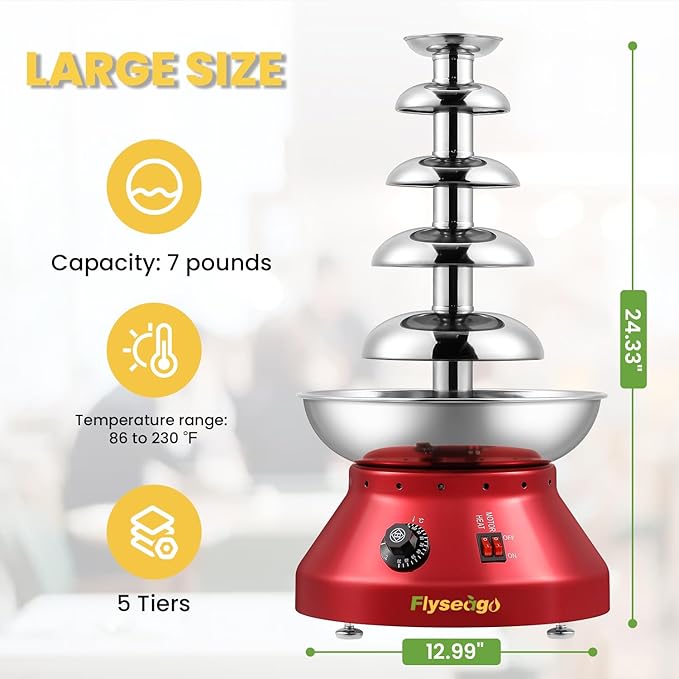 Chocolate Fountain Commercial Hot Chocolate Fondue Tower 5 Tier 7-Pound Large Capacity Stainless Steel Chocolate Melting Heating Machine for Nacho Cheese Liqueurs Party Wedding (Vintage Red)