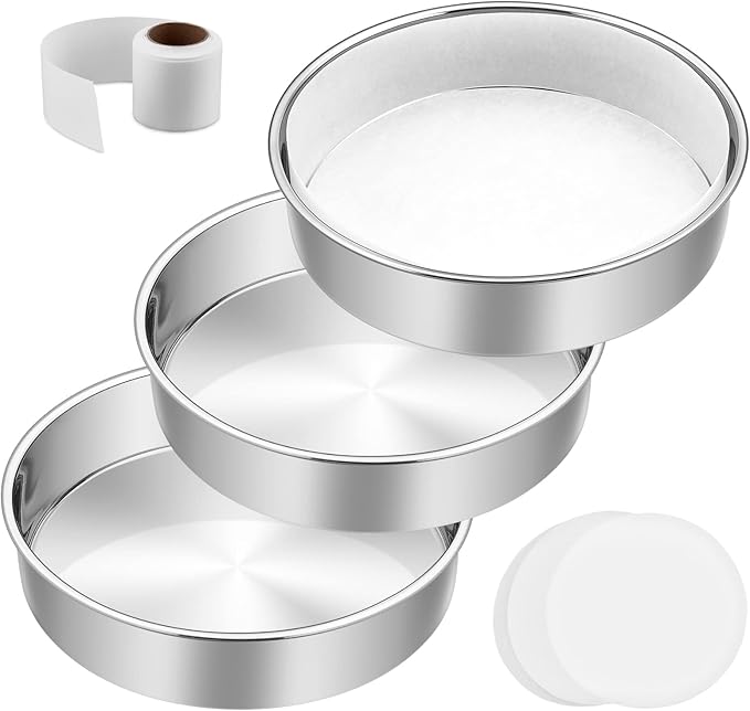 9½ Inch Cake Pan Set of 3, E-Far Stainless Steel Round Layer Cake Baking Pans with Parchment Rounds & Side Liner Roll, Non-Toxic & Healthy Metal Cakes Tin, Straight Side & Dishwasher Safe