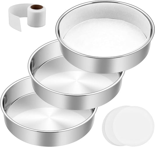 9½ Inch Cake Pan Set of 3, E-Far Stainless Steel Round Layer Cake Baking Pans with Parchment Rounds & Side Liner Roll, Non-Toxic & Healthy Metal Cakes Tin, Straight Side & Dishwasher Safe