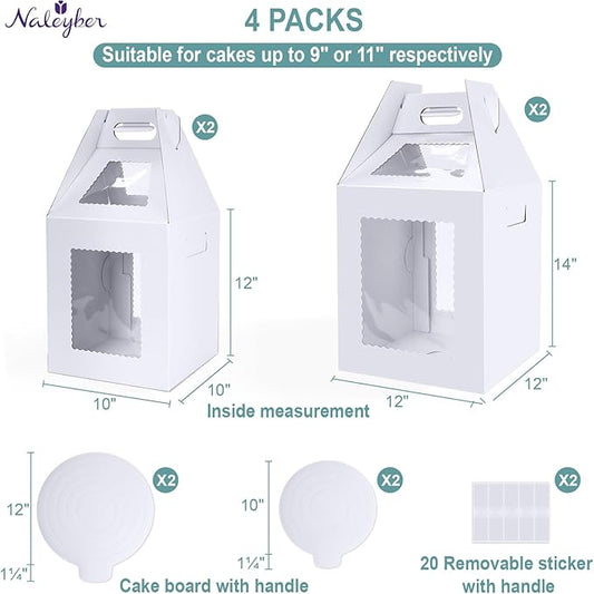 Tall Cake Boxes for Tier Cakes with Cake Boards 4 Pack 10 & 12 Inch Disposable Large Tiered Cake Carrier Take Out Containers with Window for Wedding Birthday Bakery Cake Safe Transport Box