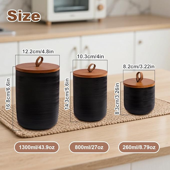 Comeon Ceramics Canister with Lid, Matcha Container Jar for Spice Sugar Tea Bag Coffee Canister Sets for Kitchen Counter with Bamboo Lid (Black three-piece set)