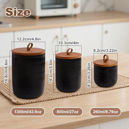 Comeon Ceramics Canister with Lid, Matcha Container Jar for Spice Sugar Tea Bag Coffee Canister Sets for Kitchen Counter with Bamboo Lid (Black three-piece set)