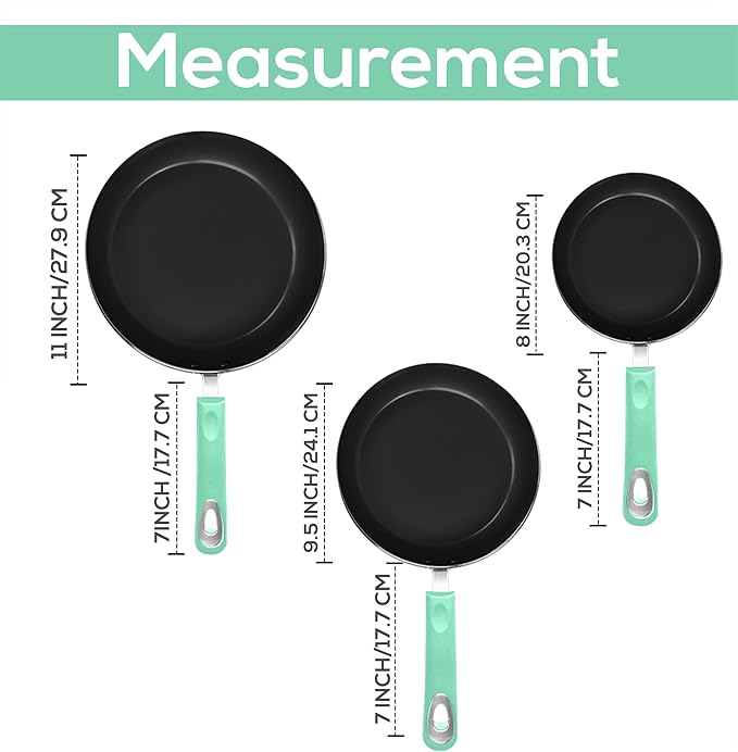 Utopia Kitchen Nonstick Cookware 3 Piece Set, Non-Stick Frying Pans with Induction Bottom, 8, 9.5 & 11 Inches Frying Pans with Bakelite Handles, PFOA Free, Green & Black