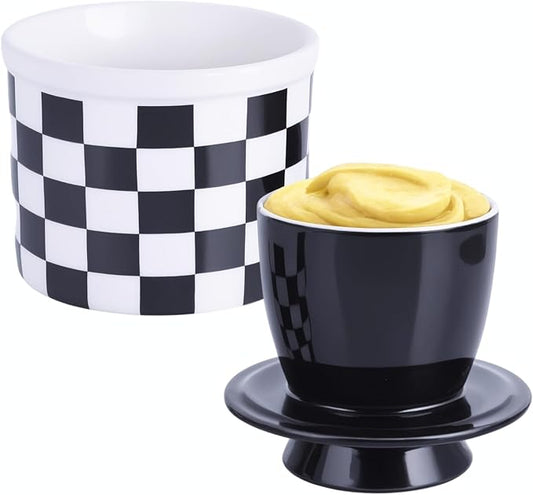 Checkered Butter Crock with Lid,Ceramic Butter Keeper for Countertop, Black And White French Butter Crock