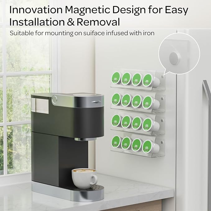 K Cup Holders, Acrylic Coffee Pods Organizer Stand Magnetic & Self-Adhesive for Kitchen Wall, Cabinet, Fridge (4 Pack for 16 Pods)