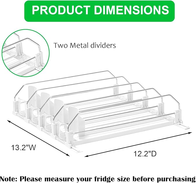 Rula Drink Organizer for Fridge, Self-Pushing Soda Can Dispenser for Mini Refrigerator, Width Adjustable Water Bottle Pusher Glide, White, 4 Rows,12.2” D