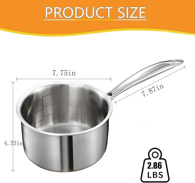 2.5 Quart Triple Stainless Steel Saucepan with Lid, Ramen Pot with Clear Glass Cover, Small Sauce Pan for Cooking Oatmeal, Induction-Ready, Dishwasher-Safe, Suitable for All Stoves
