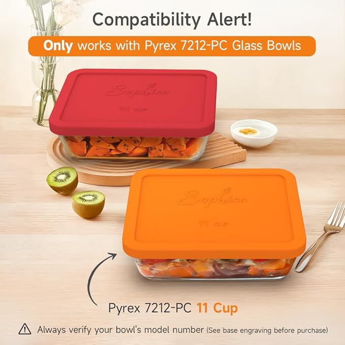 Sophico 11 Cup Rectangle Silicone Storage Cover Lids Replacement for Pyrex 7212-PC Glass Bowls, Container not Included (ORANGE-2PACK)