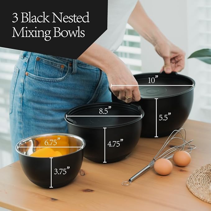 ANGORA BRANDS Matte Black Mixing Bowls - Nesting Mixing Bowls - Stylish Kitchen Essentials for Cooking, and Baking - Ideal Salad Bowl- Durable Nesting Bowl - Matte Mixing Bowl by Samma