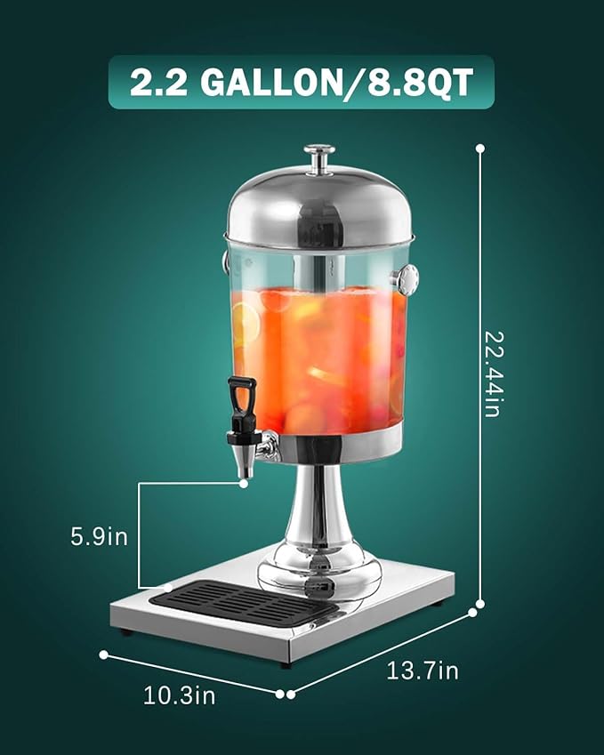 2 Gallon Drink Dispensers for Parties, [Easy-to-Clean Drip Tray Design] [Cold & Hot Dual-Use] Beverage Dispenser with Stand & Ice Core, Stainless Steel Juice Dispenser for Home Lemonade, Catering