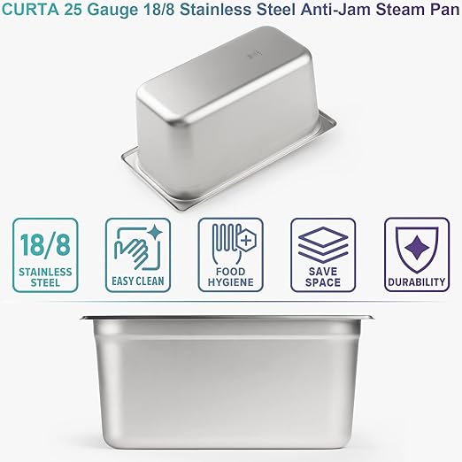 CURTA 6 Pack Anti-Jam Hotel Pans, 1/3 Size 6 Inch Deep, NSF Commercial 18/8 Stainless Steel Chafing Steam Table Pan, Catering Storage Metal Food Pan