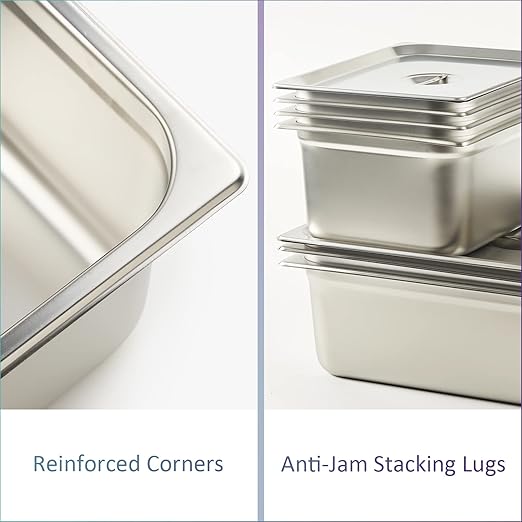 CURTA 6 Pack Anti-Jam Hotel Pans, 1/3 Size 4 Inch Deep, NSF Commercial 18/8 Stainless Steel Chafing Steam Table Pan, Catering Storage Metal Food Pan