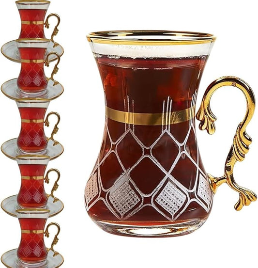 Gold Vintage Turkish Tea Glasses Cups and Saucers Set of 6 Drinking Glassware Party Adults Fancy Serving Coffee Tray Drinks Kettle Women Christmas Gift Teacup Handle Moroccan Drinkware Rim (Gold1)