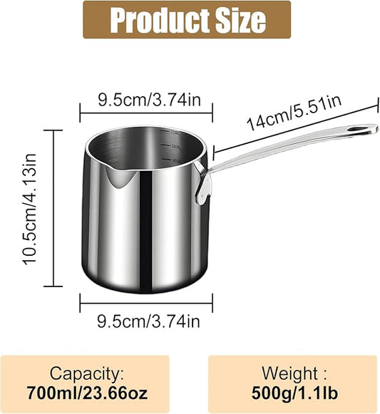Stainless Steel Butter Warmer Pot with Scale Marks - 700ml/23.66oz Milk Heating Pot for Chocolate, Coffee, Tea - Multi-Layer Melting for Kitchen, Stovetop Safe(700ML)