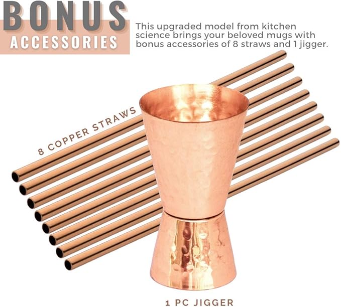 [Gift Set] Moscow Mule Copper Mugs Set of 8 (16oz) w/Straws & Jigger | 100% Pure Copper Cups, Tarnish-Resistant Food Grade Lacquered Finish, Ergonomic Handle (No Rivet) w/Solid Grip