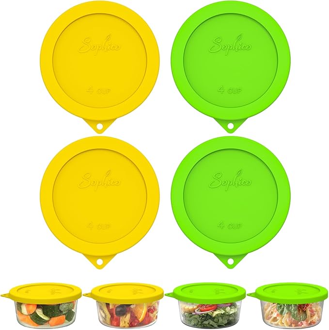 Sophico 4 Cup Round Silicone Storage Cover Lids Replacement for Anchor Hocking and Pyrex 7201-PC Glass Bowls (Container not Included) (Yellow-Green)