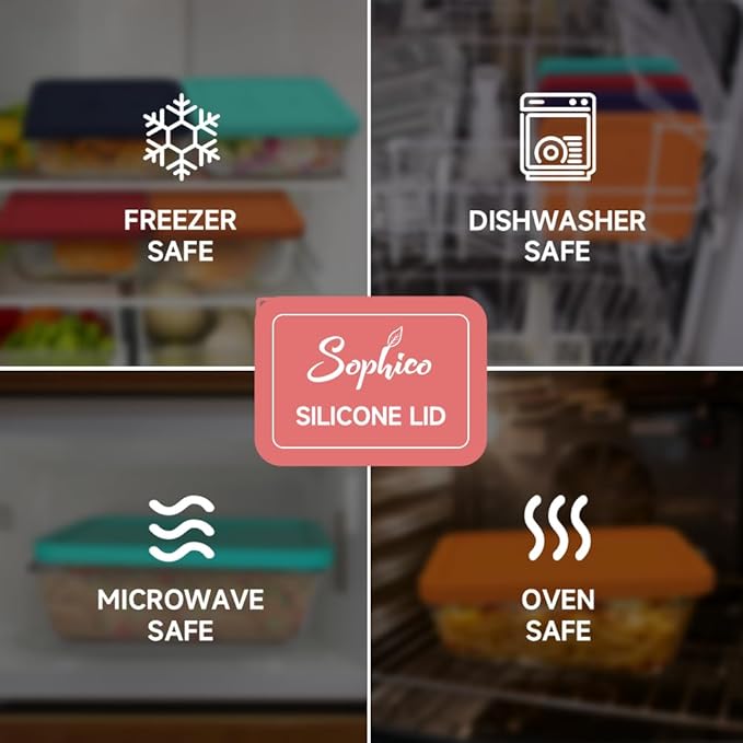 Sophico 11 Cup Rectangle Silicone Storage Cover Lids Replacement for Pyrex 7212-PC Glass Bowls, Container not Included (RED-2PACK)