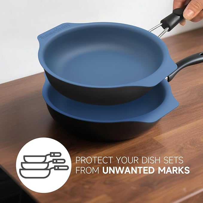 Silicone Pan Protectors for 12-Inch Frying Pans - Non-Slip Stacking Guards, BPA-Free & Dishwasher Safe | Protect Cookware from Scratches (Blue, 2 Pack)