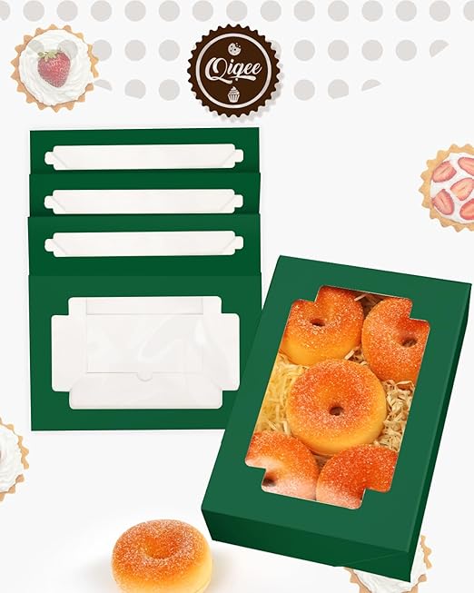 qiqee Deep Green Cookie Boxes for Gift Giving 8x5.3x2 inch 24Packs Deep Green Bakery Box with Window Treat Box for Donuts Candies and Biscuit