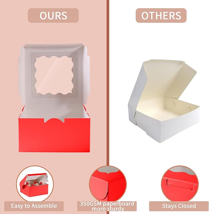 36 pcs 6x6x3 Inches Small Cake Box with Window, Bakery Pastry Cookie Boxes, Mini Pie for Pastry,Dessert,Strawberries,Chocolates, Cupcakes with paper stickers (Red)