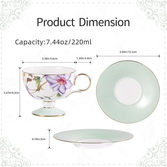 KAMMAK Ceramic Tea Cup and Saucer Set with Gold Trim, Passionflower & Crabapple Blossom Pattern, 220ml Elegant Bone China Coffee Cup with Mint Green Saucer for Afternoon Tea, Gift for Women
