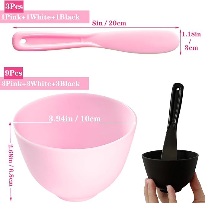 12Pcs Face Mask Mixing Bowl Set DIY Silicone Facial Mask Bowl for Home Salon Spa Face Skin Applicator Bowl with Stir Sticks, Black,White,Pink