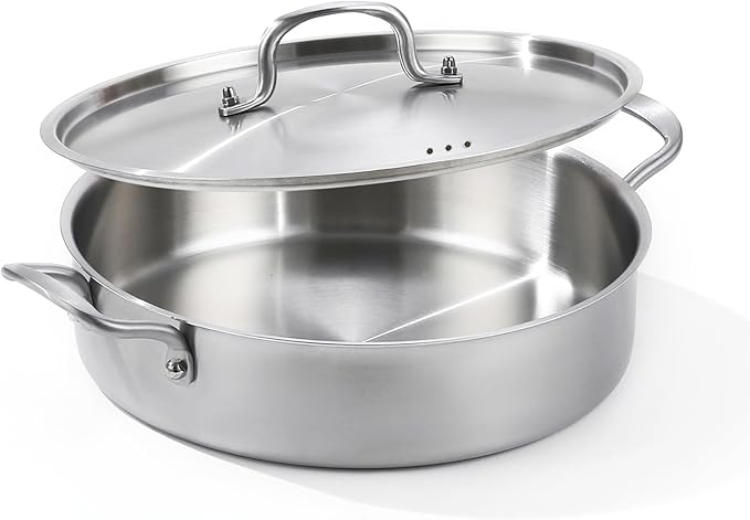 Saute Pan with Lid, 5 Quart Tri-Ply Stainless Steel Saute Pan, 12inch Deep Frying Pan with Lid, Large Skillet, Rondeau Pot with Lid Compatible with All Cooktops Up to 600℉