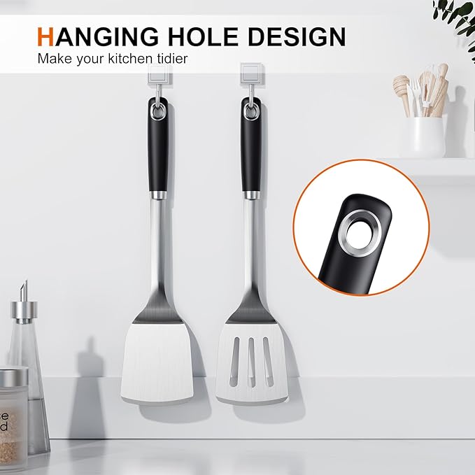 Stainless Steel Spatula Set, 2 Piece Heavy Duty Turner/Metal Spatula, High Heat Resistant Kitchen Cooking Utensils, Ideal Cookware for Frying Steak, Fish, Eggs or Pancakes