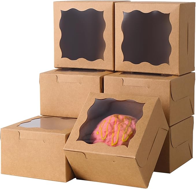 25pcs Brown Small Cake Box,4x4x2.5 Inch Bakery Boxes with Window,gift boxes bulk for Mini Cake Pastry Dessert Strawberries Chocolates Cupcakes with Stickers