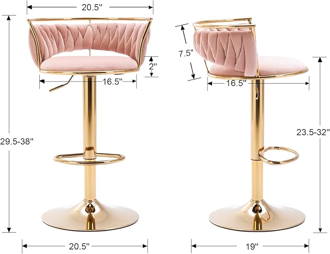 LukeAlon Velvet Adjustable Barstools Set of 4, Modern 360° Swivel Counter Stools with Golden Base Upholstered Open Back Tall Bar Chairs with Footrest for Home Kitchen, Pink