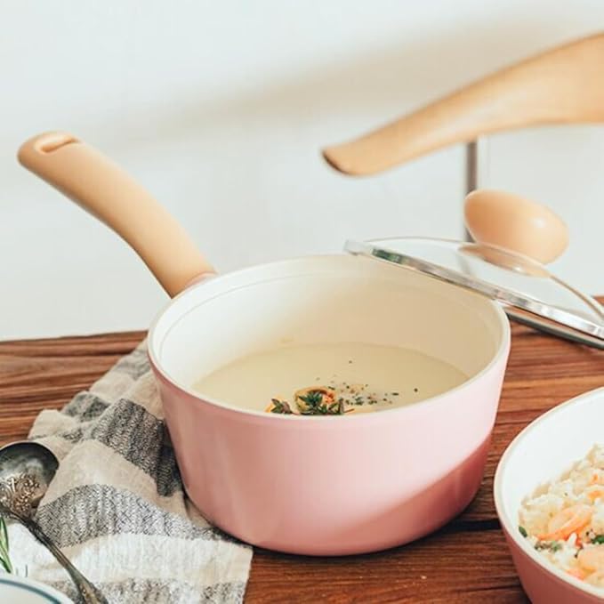 Neoflam Retro 1.5QT Saucepan with Lid – 7" (18cm) Heavy-Duty Nonstick Ceramic Coated Sauce Pot with Bakelite Handle, Pink Color, Dishwasher Safe, Elegant Kitchen Cookware, Made in Korea