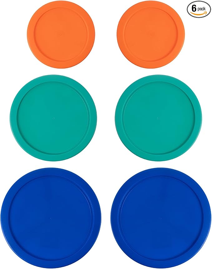 Replacement Lids for Pyrex Containers Round Glass Food Plastic - (2) 2-Cup Orange, (2) 4-Cup Teal, (2) 7-Cup Blue - BPA-Free, Dishwasher & Microwave Safe