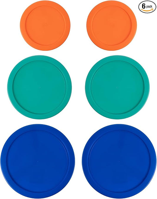 Replacement Lids for Pyrex Containers Round Glass Food Plastic - (2) 2-Cup Orange, (2) 4-Cup Teal, (2) 7-Cup Blue - BPA-Free, Dishwasher & Microwave Safe