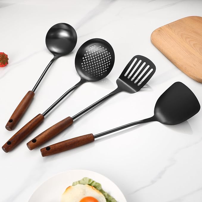 304 Stainless Steel Kitchen Utensils Set, 4 Pcs Long Cooking Utensils Set with Wooden Handle, Large Heat Resistant Kitchen Tools(Black, Dishwasher Safe)