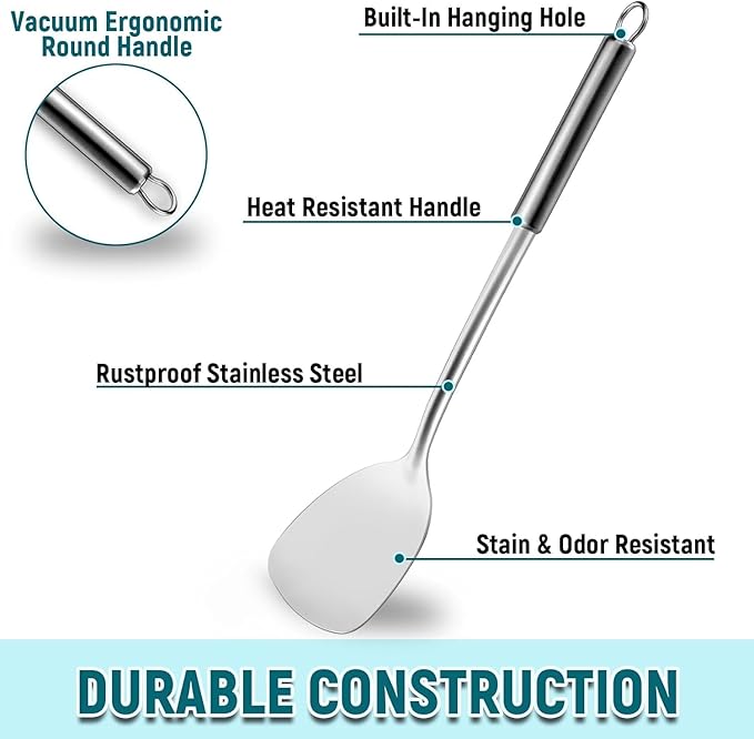 Pleafind 2-Pcs Solid & Slotted Spatula Set, 304 Stainless Steel Spatula, Metal Spatulas, Wok Utensils, Cooking Utensils, Wok Spatulas for Home, Kitchen and Restaurant, Dishwasher Safe