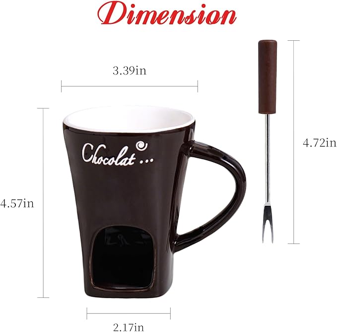 Mini Sweet Fondue Cup, Ceramic Coffee Warmer Mug, Portable Chocolate Melting Cup with Fork for Cheese, Great for Adult/Kids for Camping/Date/Movie Night/Birthday/Wedding Gifts (Brown)