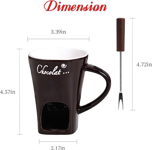 Mini Sweet Fondue Cup, Ceramic Coffee Warmer Mug, Portable Chocolate Melting Cup with Fork for Cheese, Great for Adult/Kids for Camping/Date/Movie Night/Birthday/Wedding Gifts (Brown)