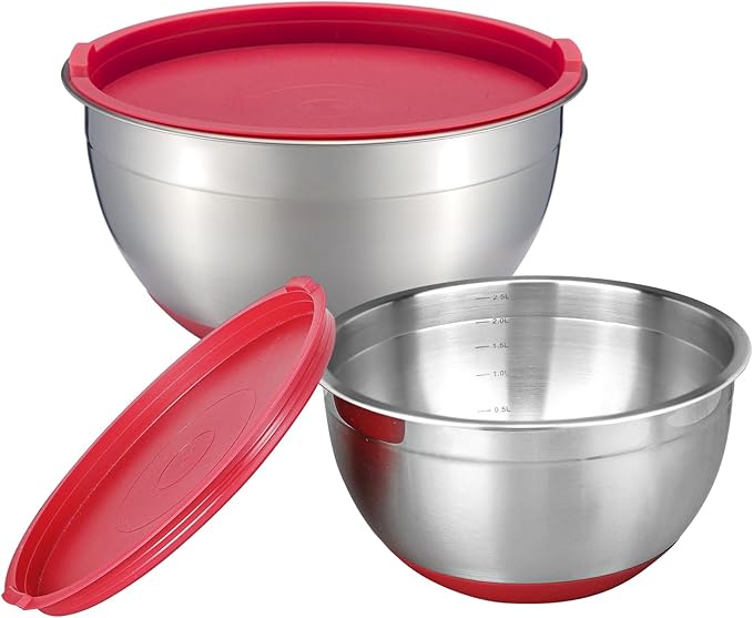 MARSKITOP Stainless Steel Mixing Bowls with Lids Set, Nesting Mixing Bowls with Airtight Lids, Measurement Marks and Red Non-Slip Bottoms, Great for Mixing and Serving, 3QT & 5QT