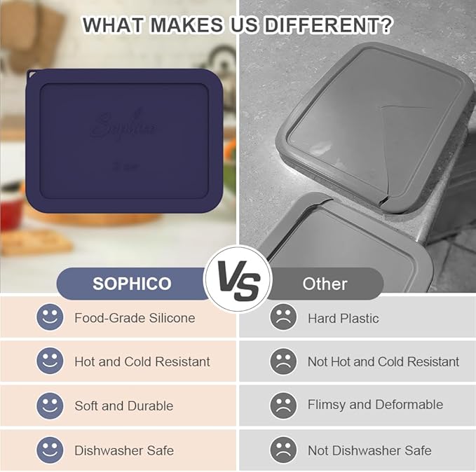 Sophico 3 Cup Rectangle Silicone Storage Cover Lids Replacement for Pyrex 7210-PC Glass Bowls, Container not Included (NAVY BLUE, 2 Pack)