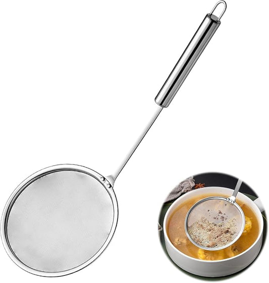 Stainless Steel Fat Skimmer Spoon 4”Multi-Functional Fine Mesh Hot Pot Grease Strainer with 9.4” Heat-Resistant Handle For Frying, Soup, Quinoa, Miso