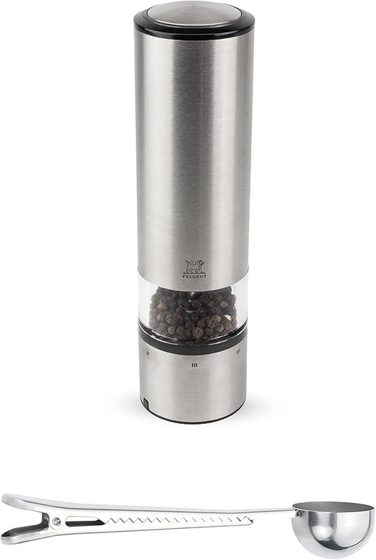 Peugeot Elis Sense U-Select 8 Inch Pepper Mill Gift Set - With Stainless Steel Spice Scoop/Bag Clip