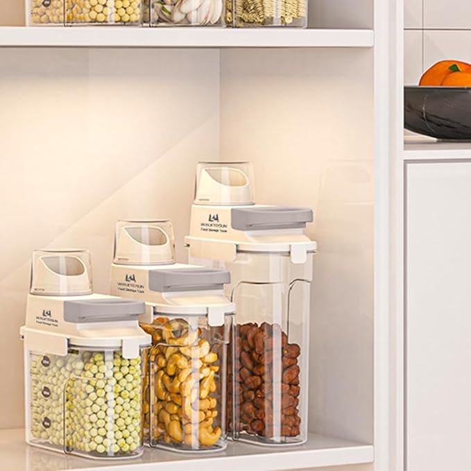 Airtight Cereal Containers Storage Food Dispenser, Plastic Cereal Storage Containers with Pouring Spout, Lids and Measuring Cup for Sugar,Rice, Coffee Beans, Dry Food, Grains, BPA Free - 1300ml (Grey)