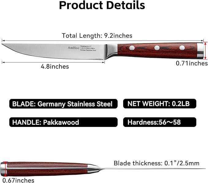 AmHoo Steak Knives Set of 6 Non Serrated 4.8-inch German High Carbon Stainless Steel Ultra Sharp Handle Pakkawood with Gift Wooden Box