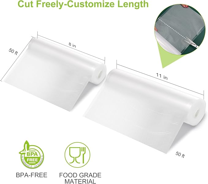 Bonsenkitchen Vacuum Food Sealer Rolls Bags, 8" x 50' & 11" x 50' Commercial Grade BPA Free Bag Rolls, Durable Customized Size Food Vac Bags for Storage and Sous Vide Cooking VB3212